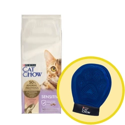 PURINA Cat Chow Alimento per gatti sensibili con salmone 15 kg + Guanto per grooming toelettatura - Cat Chow