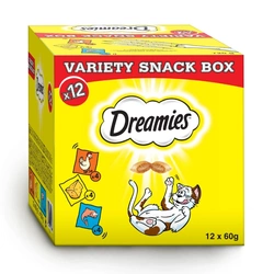 DREAMIES™ Variety Snack Box – cibo complementare per gatti (al gusto di pollo, formaggio e salmone) - 12x60g