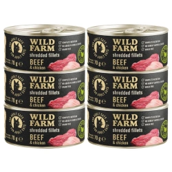 WILD FARM Fillets Beef&Chicken 6x70 g - Alimento umido senza cereali per gatti in brodo