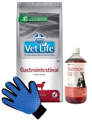 FARMINA Vet Life Dog Gastrointestinal 12kg & LAB V Olio di Salmone per cani e gatti 1000ml + Guanto per pettinare il pelo di cane e gatto GRATIS!