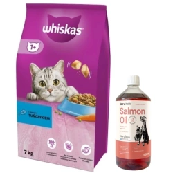 WHISKAS Adult 7 kg - cibo secco per gatti adulti, con delizioso tonno & LAB V Olio di Salmone per cani e gatti 1000ml