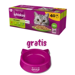 WHISKAS Adult bustine 40 x 85 g Gusti misti - cibo umido per gatti adulti in gelatina (tagli con: manzo, pollo, salmone, tonno) + CIOTOLA PER GATTI GRATIS !!!