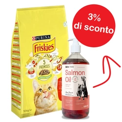 PURINA Friskies Cibo per gatti con mix di Manzo e Pollo con Verdure 10 kg + Olio LAB-V 1000 ml