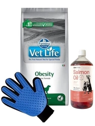 FARMINA Vet Life Dog Obesity 12kg & LAB V Olio di Salmone per cani e gatti 1000ml + Guanto per pettinare il pelo di cane e gatto GRATIS!