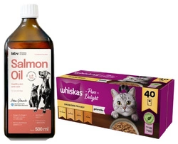 WHISKAS Adult bustine 40 x 85 g Frittelle di pollame - cibo umido per gatti adulti in gelatina (pezzi con: pollo, tacchino, pollame, anatra) + LAB V Olio di salmone con maggior contenuto vitaminico 500ml