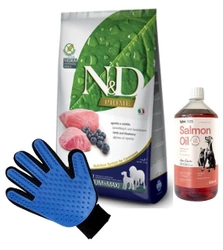 FARMINA N&D Prime canine AGNELLO E MIRTILLO ADULT MEDIUM&MAXI ALIMENTO SECCO 12kg & LAB V Olio di salmone per cani e gatti 1000ml + Guanto per pettinare il pelo di cane e gatto GRATIS!
