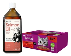 WHISKAS Adult bustine 80 x 85 g Classic Meals - cibo umido per gatti adulti, in salsa (tagli con: manzo, pollo, agnello, pollame) + LAB V Olej z łososia o zwiększonej zawartości witamin 500ml