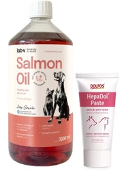 DOLFOS Hepadol Paste 50g + LAB V Olio di Salmone per cani e gatti 1000ml