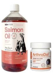 Dolfos ArthroDol 30 Compresse + Lab-V Olio di Salmone 100% Per Cani e Gatti di Tutte le Età 1000 ml Pressato a Freddo