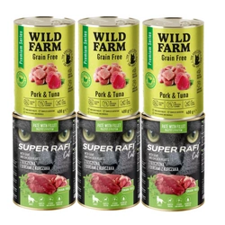 DOLINA NOTECI Super Rafi Cat P&F con selvaggina e cuori di pollo 3x400 g + WILD FARM Premium Grain Free Pork and Tuna 3x400g - cibo senza cereali per gatti