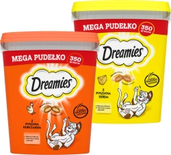 DREAMIES Mega Box 2x350g – alimento complementare per gatti adulti, con delizioso pollo / con delizioso formaggio