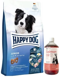 HAPPY DOG FitVital Junior, cibo secco, per cuccioli, 7-18 mesi, 10 kg & LAB V Olio di Salmone per cani e gatti 1000ml