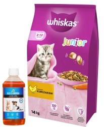 WHISKAS Cibo secco per gattini Junior con pollo 14kg + LAB V Olio di Salmone per cani e gatti 500ml