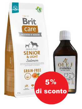 BRIT CARE Dog Grain-free Senior & Light Salmone 12kg + Olio di salmone 250ml - 5% di sconto