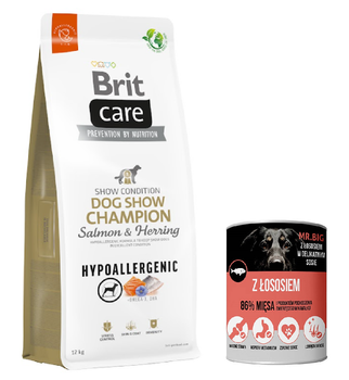 BRIT CARE Dog Hypoallergenic Dog Show Champion Salmone e Aringa 12kg + Mr.Big salmone 400g GRATIS