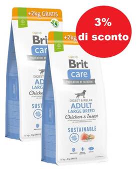 BRIT CARE Dog Sustainable Adult Large Breed Chicken & Insect 2x(12kg+2kg) - 3% di sconto in un set