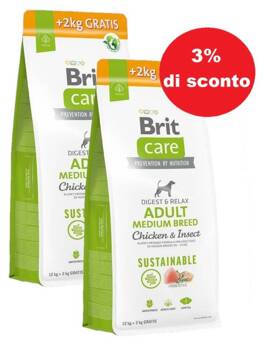 BRIT CARE Dog Sustainable Adult Medium Breed Chicken & Insect 2x(12kg+2kg) - 3% di sconto in un set