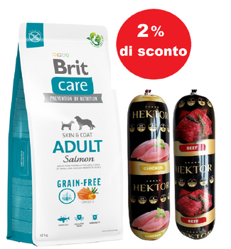 BRIT CARE Grain-free Adult Salmone 12 kg + 2x900g Hektor - 2% di sconto in un set