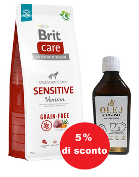 BRIT CARE Grain-free Sensitive Venison 12kg + Olio di salmone 250ml - 5% di sconto