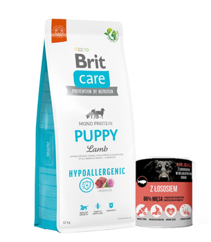 BRIT CARE Hypoallergenic Puppy Agnello 12 kg + Mr.Big salmone 400g GRATIS