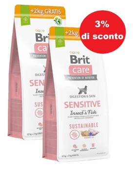 BRIT CARE Sustainable Sensitive Insect & Fish 2x(12kg+2kg) - 3% di sconto in un set
