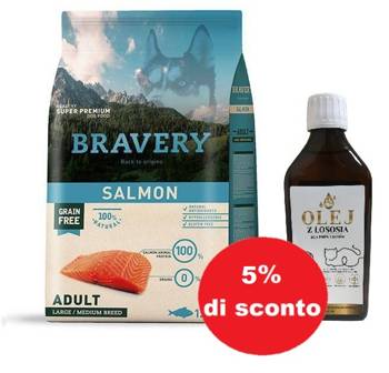 Bravery Grain Free Adult Medium Large Salmon 12kg + Olio di salmone 250ml - 5% di sconto