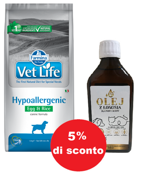 Farmina Vet Life Canine Hypoallergenic Egg&Rice 12kg + Olio di salmone 250ml - 5% di sconto