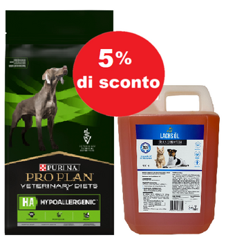 PURINA Pro Plan Veterinary Diets HA Hypoallergenic Dog 11kg + LAB V Olio di salmone 5l