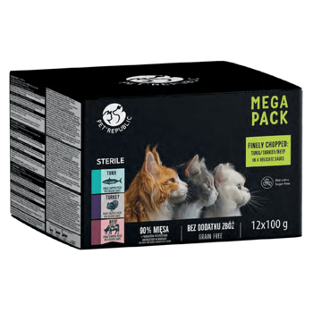 PetRepublic cibo umido per gatti dopo la sterilizzazione pezzi in salsa delicata MIX 3 gusti 12x100g