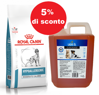 ROYAL CANIN Hypoallergenic Moderate Calorie 14kg + LAB V Olio di salmone 5l
