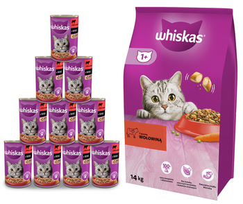 WHISKAS Cibo secco per gatti 1+ con manzo 14kg + 10xWHISKAS Adult 400g