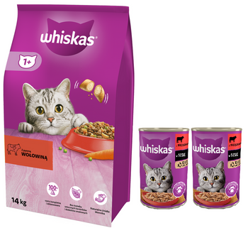 WHISKAS Cibo secco per gatti 1+ con manzo 14kg + 2xWHISKAS Adult 400g